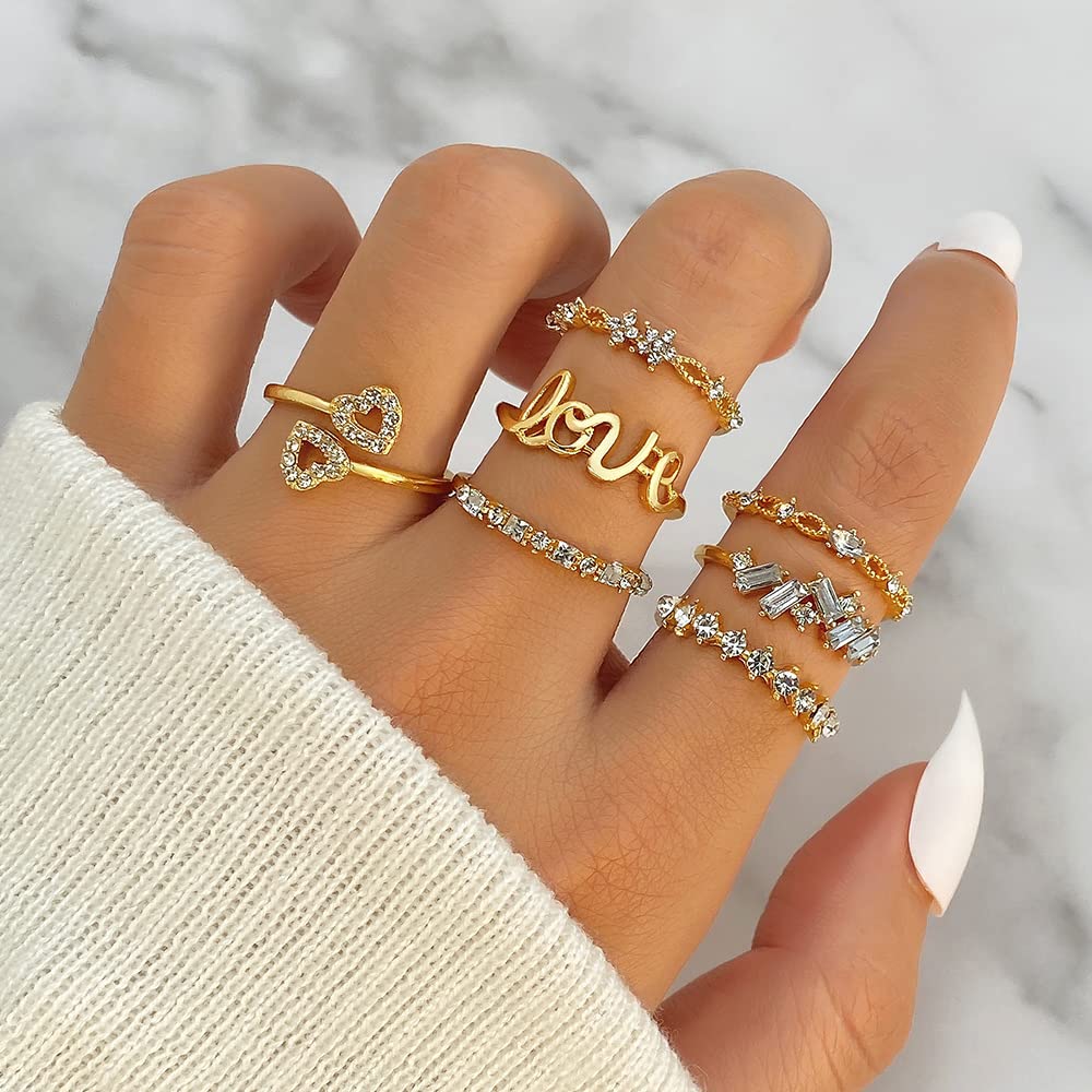 KISS WIFE Gold Stackable Moon Star Knuckle Rings Set for Women, Boho Dainty Lightweight Stacking Rings, Vintage Midi Rings Pack, Jewelry Gift for Her (Love Gold 7 Pcs)