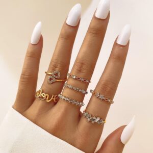 KISS WIFE Gold Stackable Moon Star Knuckle Rings Set for Women, Boho Dainty Lightweight Stacking Rings, Vintage Midi Rings Pack, Jewelry Gift for Her (Love Gold 7 Pcs)