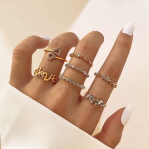 KISS WIFE Gold Stackable Moon Star Knuckle Rings Set for Women, Boho Dainty Lightweight Stacking Rings, Vintage Midi Rings Pack, Jewelry Gift for Her (Love Gold 7 Pcs)