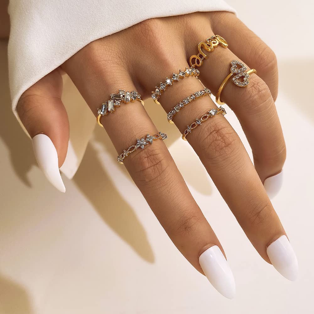 KISS WIFE Gold Stackable Moon Star Knuckle Rings Set for Women, Boho Dainty Lightweight Stacking Rings, Vintage Midi Rings Pack, Jewelry Gift for Her (Love Gold 7 Pcs)