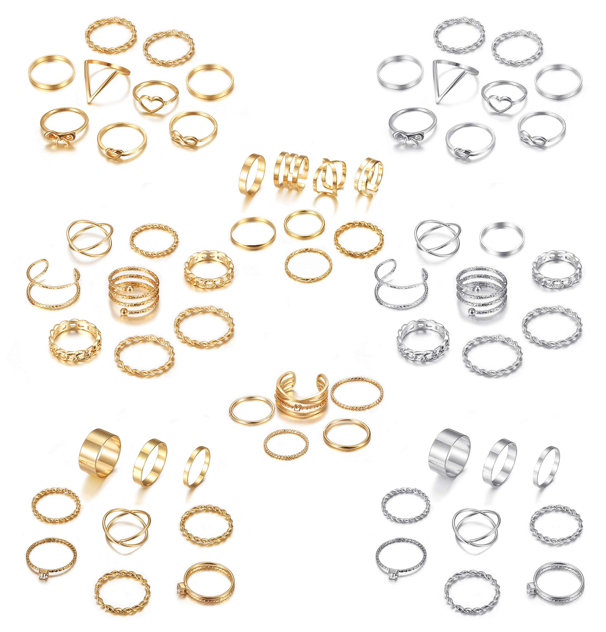 LOYALLOOK 65PCS Bohemian Knuckle Ring Midi Set Hollow Silver Gold Vintage Stackable Rings Fashion Finger for Women