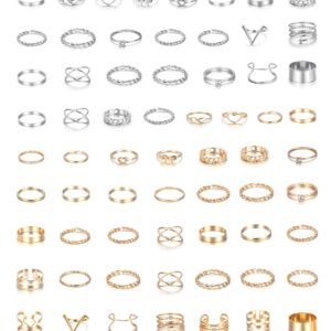 LOYALLOOK 65PCS Bohemian Knuckle Ring Midi Set Hollow Silver Gold Vintage Stackable Rings Fashion Finger for Women