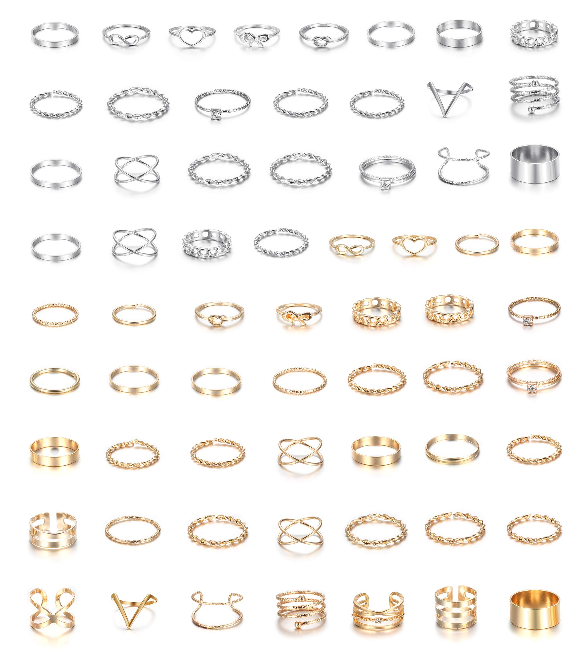 LOYALLOOK 65PCS Bohemian Knuckle Ring Midi Set Hollow Silver Gold Vintage Stackable Rings Fashion Finger for Women