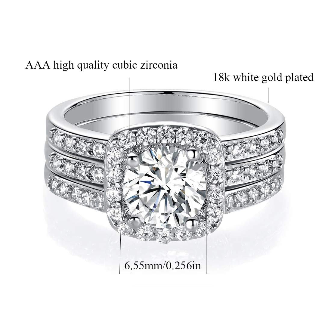 MDFUN 18K White Gold Plated Cubic Zirconia Three-in-One Halo Wedding Engagement Promise Eternity Ring for Women (6)