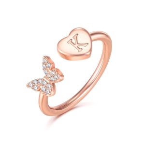 glishiver initial rings for women teen girls, rose gold plated butterfly capital letter initial rings for women teens girls letter rings alphabet rings for girls teen girls (k)