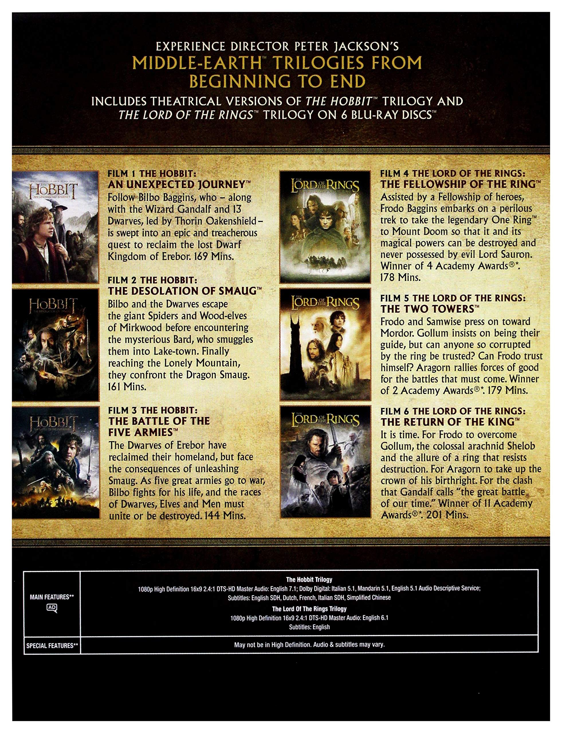 The Hobbit Trilogy and The Lord Of The Rings Trilogy, 6-Film Theatrical Versions (Blu-Ray)