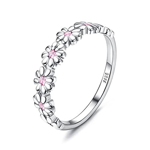 MILACOLATO 925 Sterling Silver Ring 18K Gold Plated Daisy Flower Ring with Pink Cubic Zirconia High Polished Comfort Fit Sunflower Stacking Statement Wedding Band Ring for Women Valentine's Jewelry Gifts, Size 7