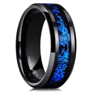 King Will Mens 8mm Black Tungsten Carbide Wedding Ring Blue Foils Inlay Tungsten Ring Beveled Edge Tungsten Ring 11