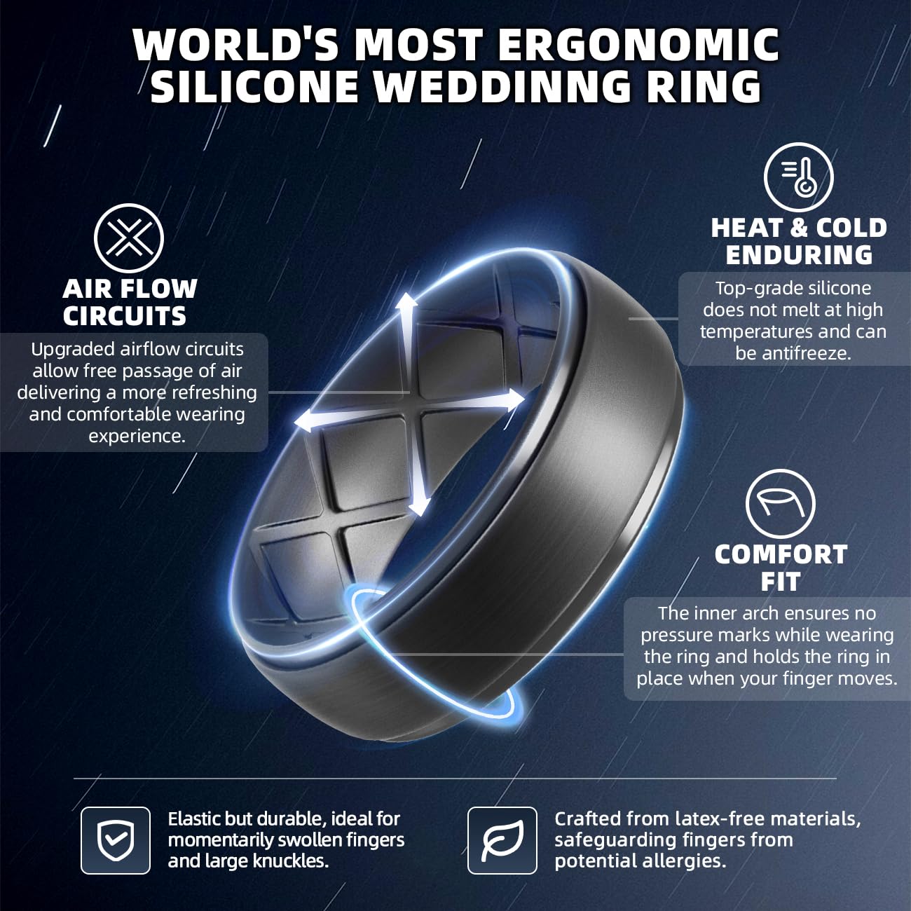 Egnaro Inner Arc Ergonomic Breathable Design, Silicone Rings Mens with Half Sizes, 7 Rings / 4 Rings / 1 Ring Rubber Wedding Bands, 10mm Wide-2.5mm Thick