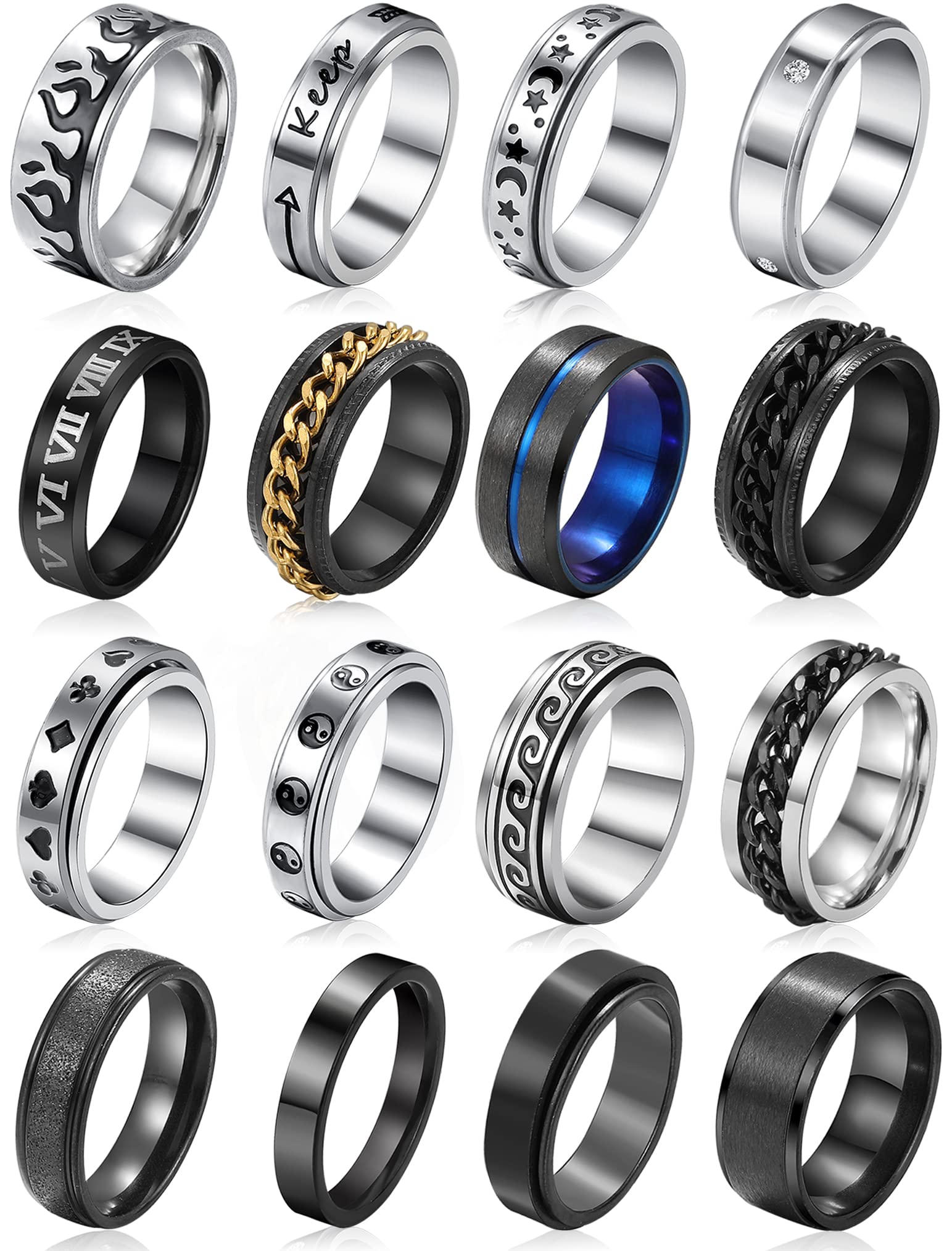 Stainless Steel Band Rings for Men, Sliver Fidget Anxiety Women, Cool Plain Spinner Ring Set, Black Mens Wedding Pack (8)