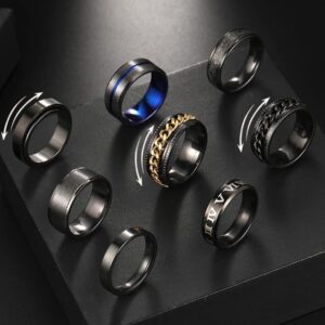 Stainless Steel Band Rings for Men, Sliver Fidget Anxiety Women, Cool Plain Spinner Ring Set, Black Mens Wedding Pack (8)