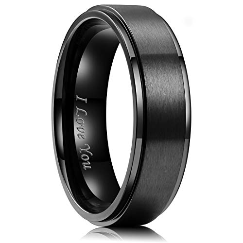 King Will Men 6mm Black Matte Brushed Stainless Steel Ring Stepped Beveled Edge Laser Etched I Love You 9.5