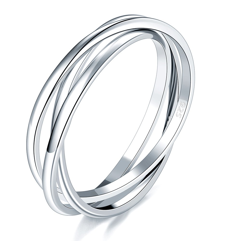 BORUO 925 Sterling Silver Ring, Fidget Ring Anxiety Ring, Triple Row Rolling Interlocking Stacking Rings, High Polish Rings for Women, Men Each Band Width 1.8mm Size 8