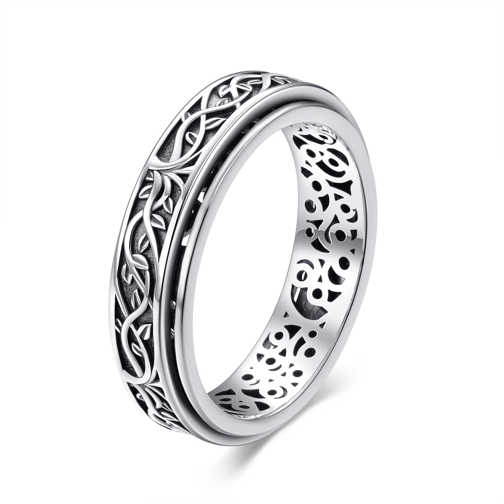 YAFEINI Tree of Life Spinner Fidget Ring Sterling Silver Tree of Life Ring for Anxiety Tree Twig Leaf Nature Filigree Spinner Ring Stress Relieving Jewelry Gifts for Women Men