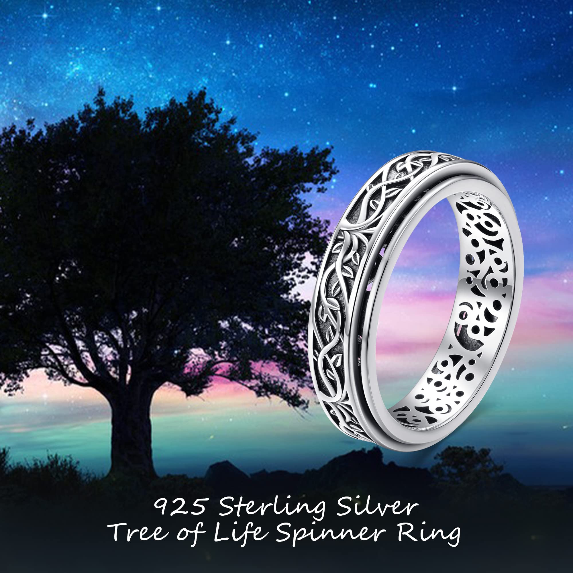 YAFEINI Tree of Life Spinner Fidget Ring Sterling Silver Tree of Life Ring for Anxiety Tree Twig Leaf Nature Filigree Spinner Ring Stress Relieving Jewelry Gifts for Women Men