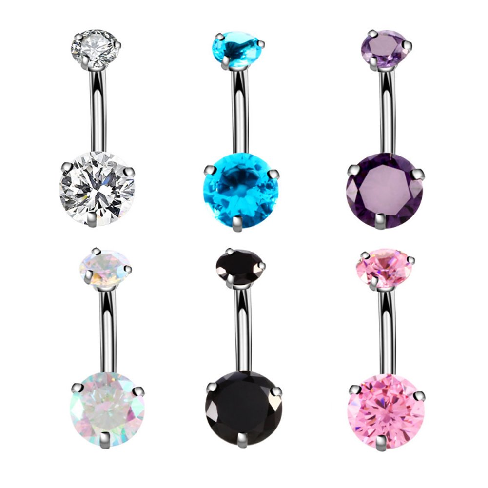 YHMM 14G Surgical Steel Belly Button Rings, Internally Threaded 12mm Long Round CZ Navel Barbell Stud for Women Men (6 Pcs 6 Colors)