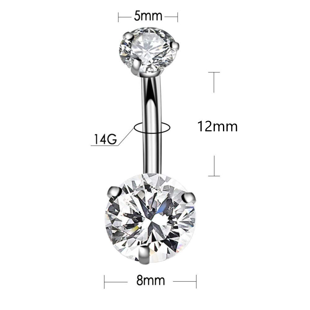 YHMM 14G Surgical Steel Belly Button Rings, Internally Threaded 12mm Long Round CZ Navel Barbell Stud for Women Men (6 Pcs 6 Colors)