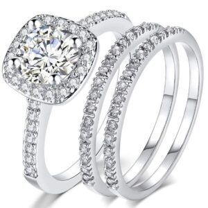 Jude Jewelers Silver Rose Gold Three-in-One Wedding Engagement Bridal Halo Ring Set (Silver, 9)