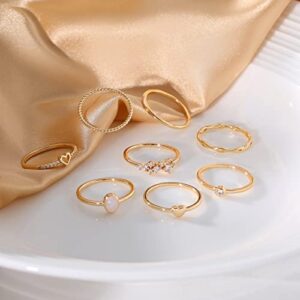 RLMOON 8PCS 14K Gold Plated Stacking Ring Set for Women Teen Danity Thumb Stackable Rings Gold Heart CZ Promise Eternity Rings Plain Band Size 4