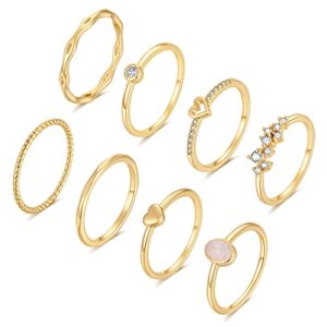 RLMOON 8PCS 14K Gold Plated Stacking Ring Set for Women Teen Danity Thumb Stackable Rings Gold Heart CZ Promise Eternity Rings Plain Band Size 4