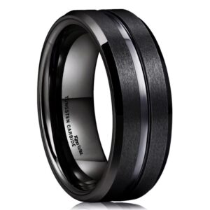 King Will Classic 8mm Black Tungsten Carbide Wedding Band Ring Polished Finish Grooved Center Comfort Fit (10.5)