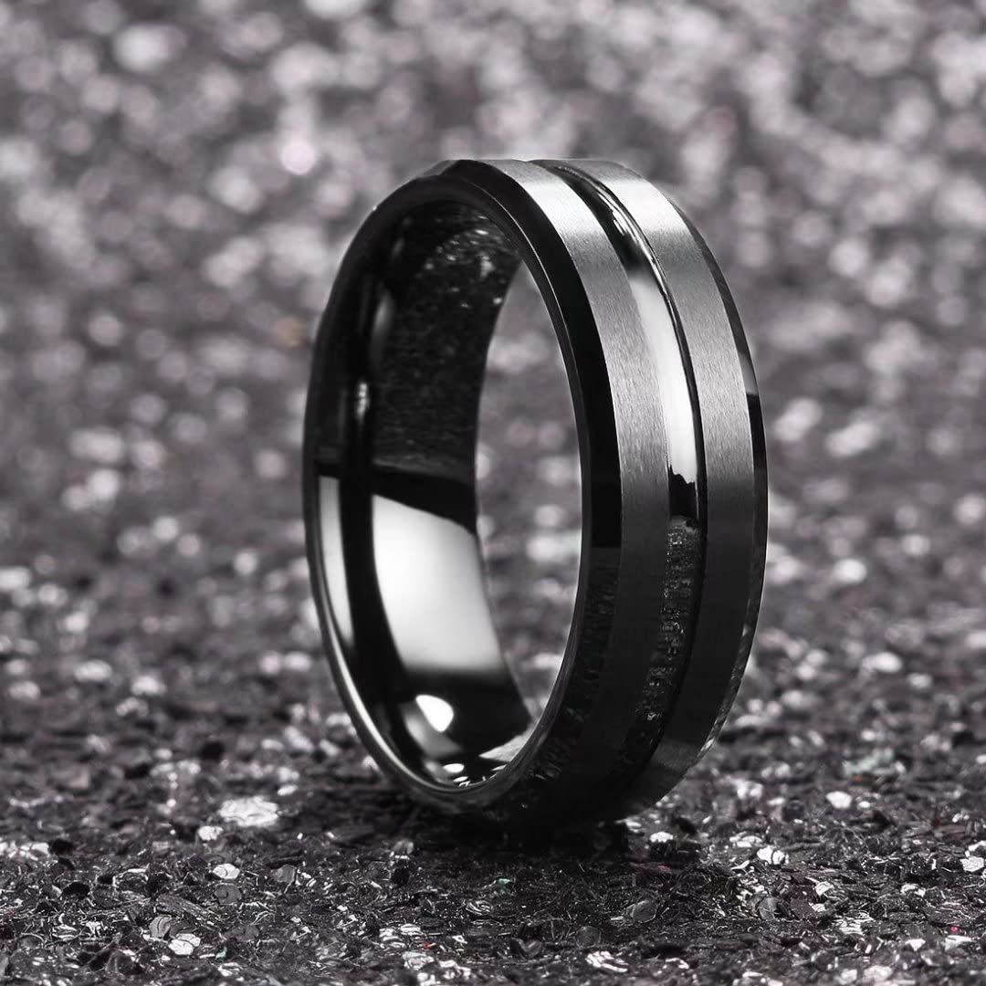 King Will Classic 8mm Black Tungsten Carbide Wedding Band Ring Polished Finish Grooved Center Comfort Fit (10.5)