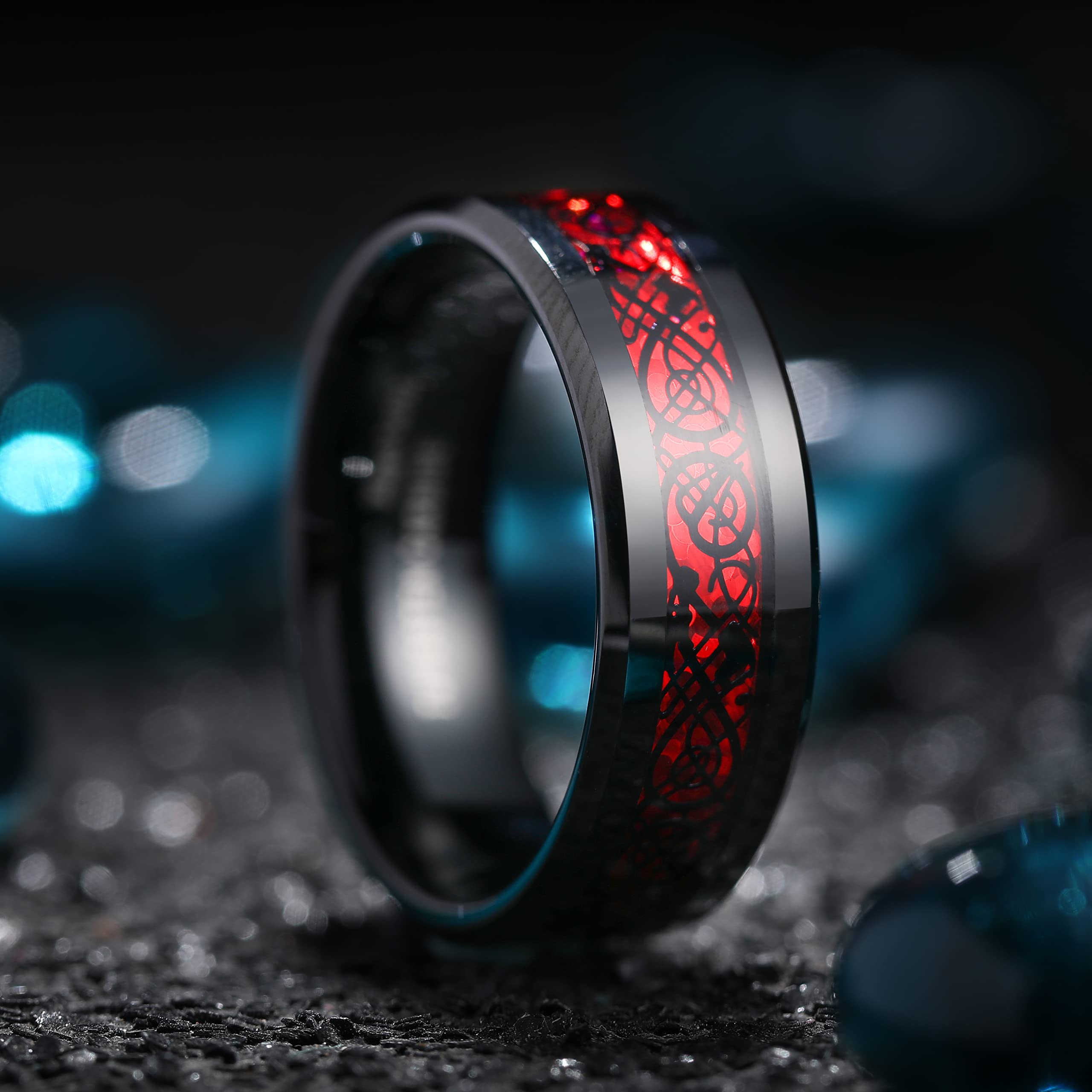 King Will Men's 8mm Red Carbon Fiber Black Celtic Dragon Tungsten Carbide Ring Comfort Fit Wedding Band (10.5)