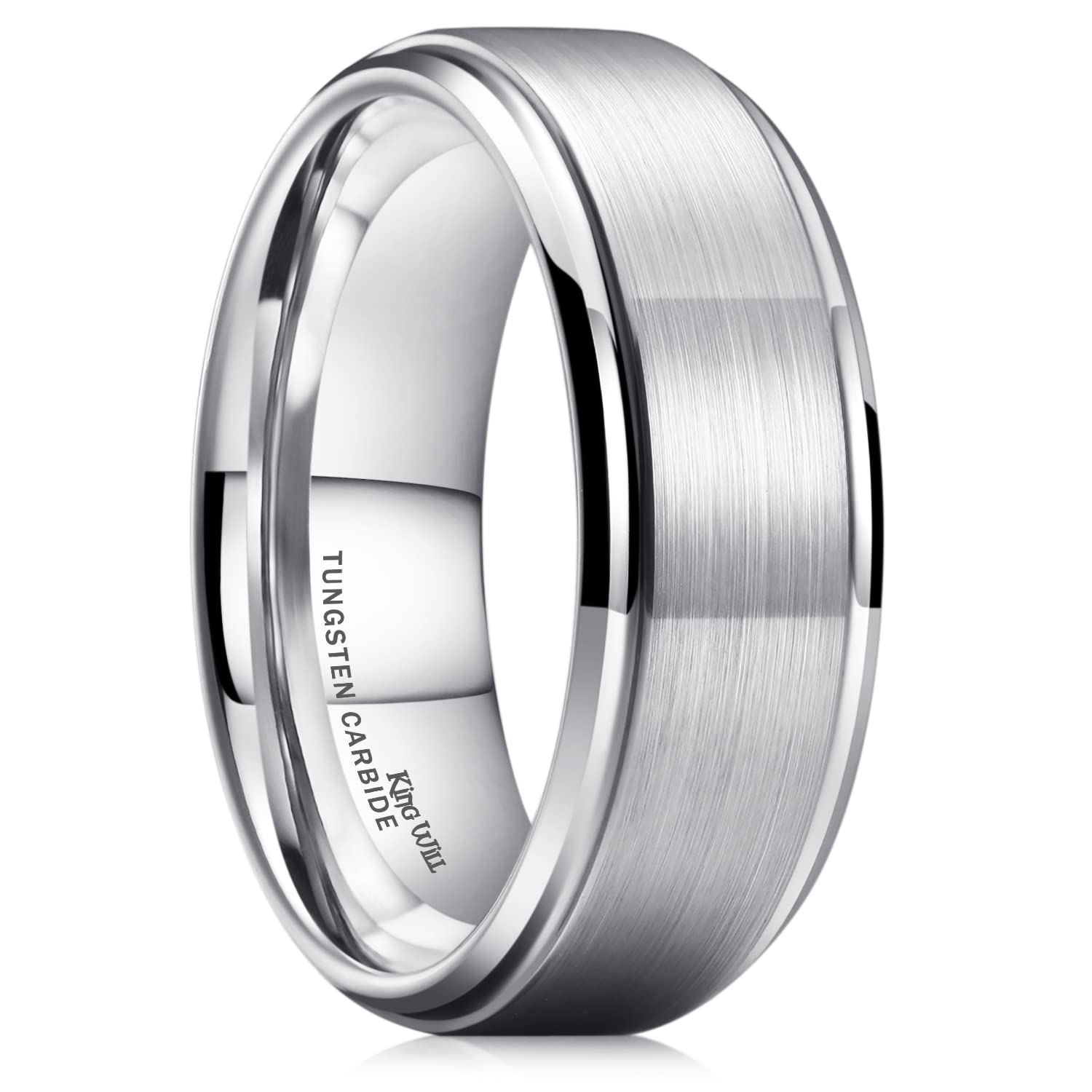 King Will BASIC Men's Tungsten Carbide Ring 8mm Polished Beveled Edge Matte Brushed Finish Center Wedding Band(9.5)