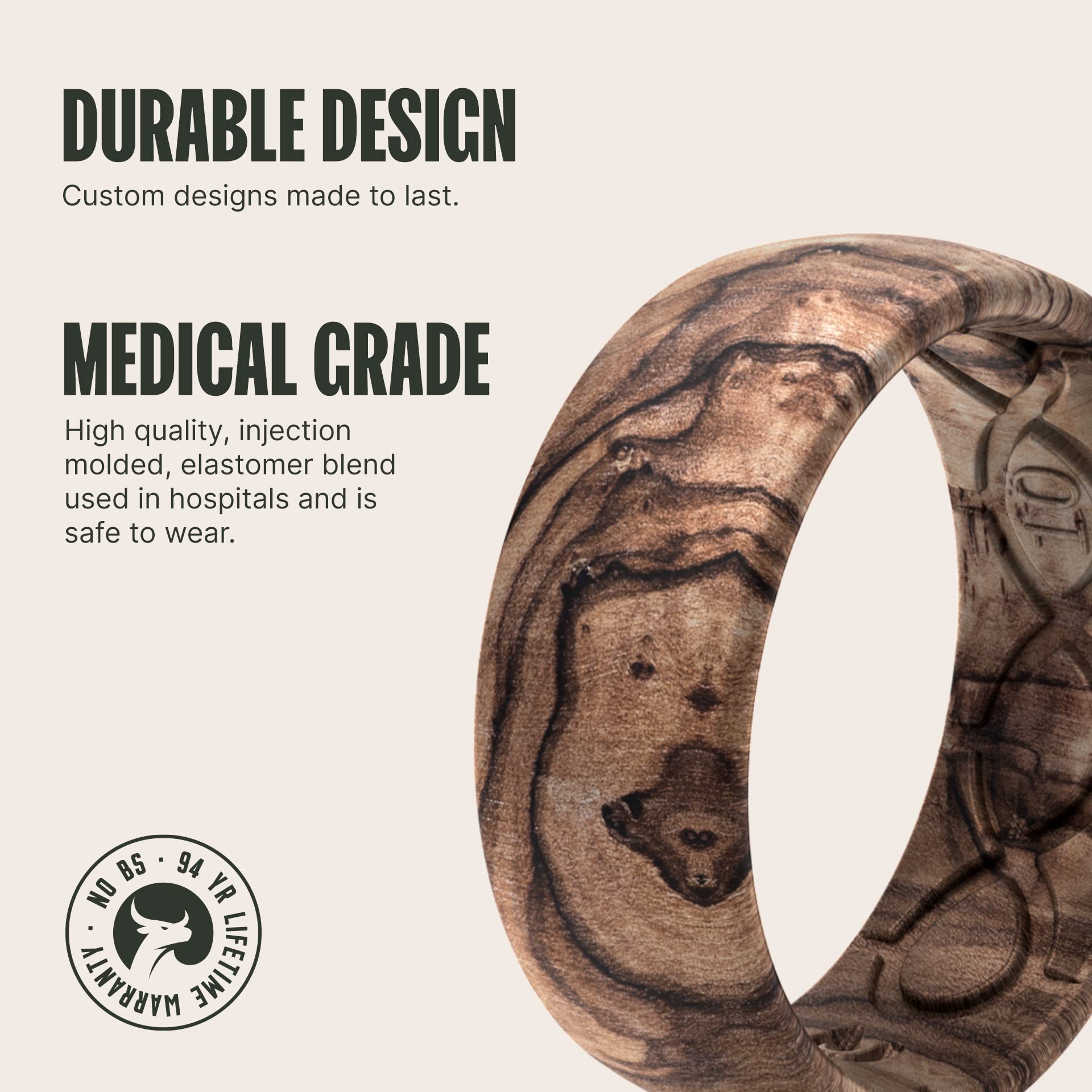 Groove Life Nomad Burled Walnut Silicone Ring Breathable Rubber Wedding Rings for Men, Lifetime Coverage, Unique Design, Comfort Fit Ring - Size 10