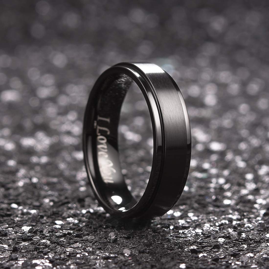 King Will Men 6mm Black Matte Brushed Stainless Steel Ring Stepped Beveled Edge Laser Etched I Love You 8