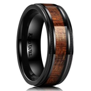 King Will NATURE 8mm Black Titanium Ring with Wood Inlay Wedding Band Ring for Men Real Comfort Fit