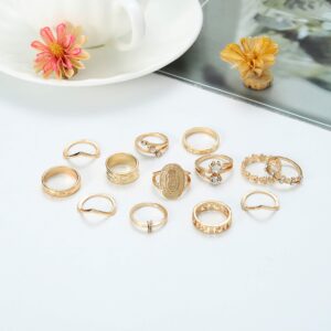 Edary Vintage Ring Set Carved Knuckle Rings Crystal Rings Set Gold Stackable Rings Midi Rings Finger Jewelry for Women(13PCS)