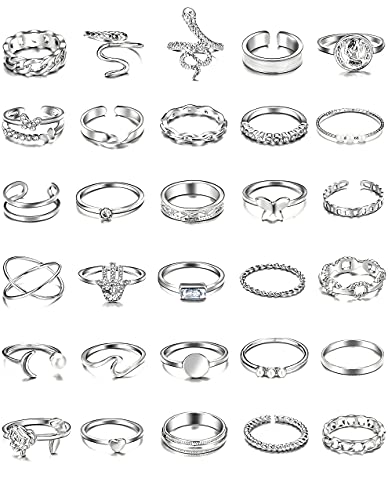 iF YOU 30 Pcs Vintage Knuckle Rings Set, Boho Butterfly Snake Stackable Finger Rings for Women, Silver Midi Rings Pack