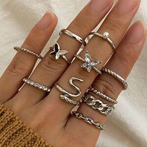 iF YOU 30 Pcs Vintage Knuckle Rings Set, Boho Butterfly Snake Stackable Finger Rings for Women, Silver Midi Rings Pack