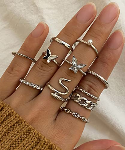 iF YOU 30 Pcs Vintage Knuckle Rings Set, Boho Butterfly Snake Stackable Finger Rings for Women, Silver Midi Rings Pack