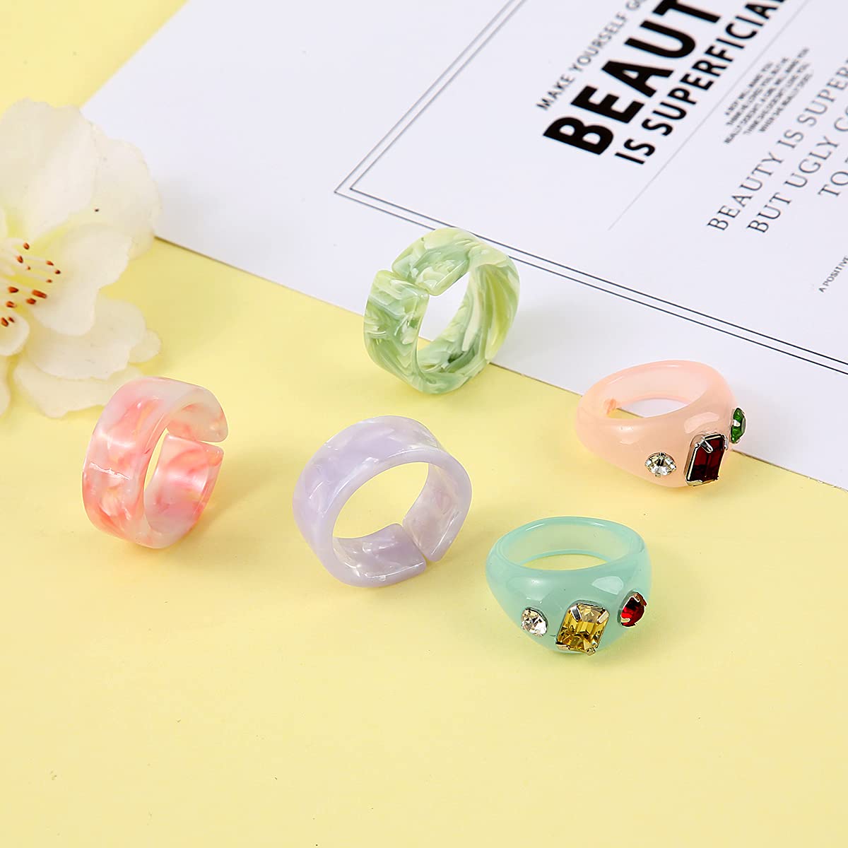 AIDSOTOU 20 Pcs Resin Acrylic Rings Set Colorful Trendy Vintage Thick Dome Y2k Rings Jewelry Plastic Resin Unique Square Gem Stackable Chunky Fruit Ring for Women Teen Girls