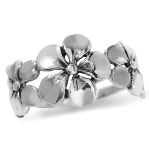 Silvershake 11mm Antique Finish 925 Sterling Silver 3 Plumeria Flowers Ring Size 6.5