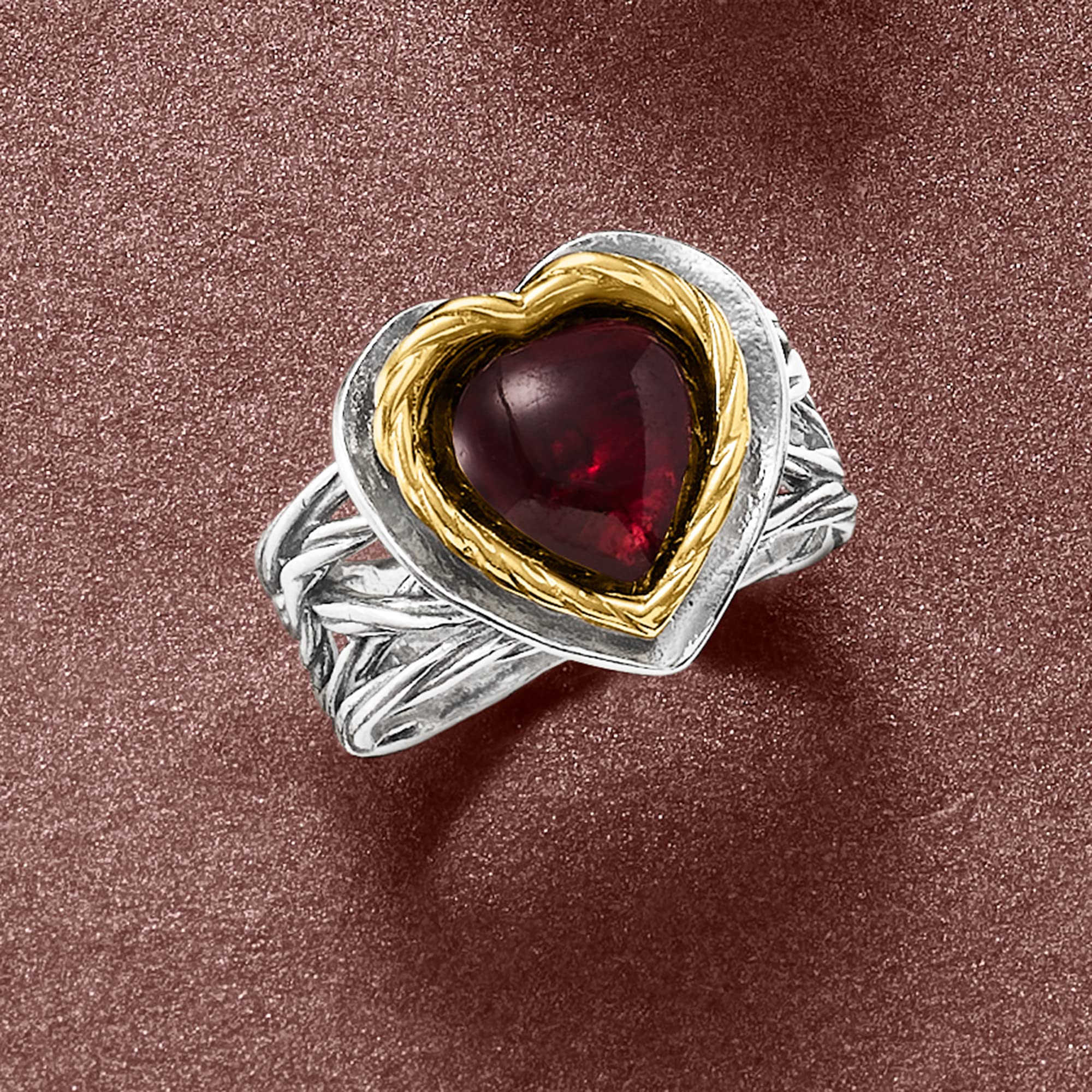 Ross-Simons 4.00 Carat Garnet Heart Ring in Sterling Silver and 14kt Yellow Gold. Size 9