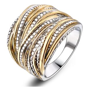 Mytys 2 Tone Intertwined Crossover Statement Ring Fashion Chunky Band Rings for Women Black Gold Silver Rose Gold Plated Wide Index Finger Rings Costume Jewelry (gold and silver size 6)