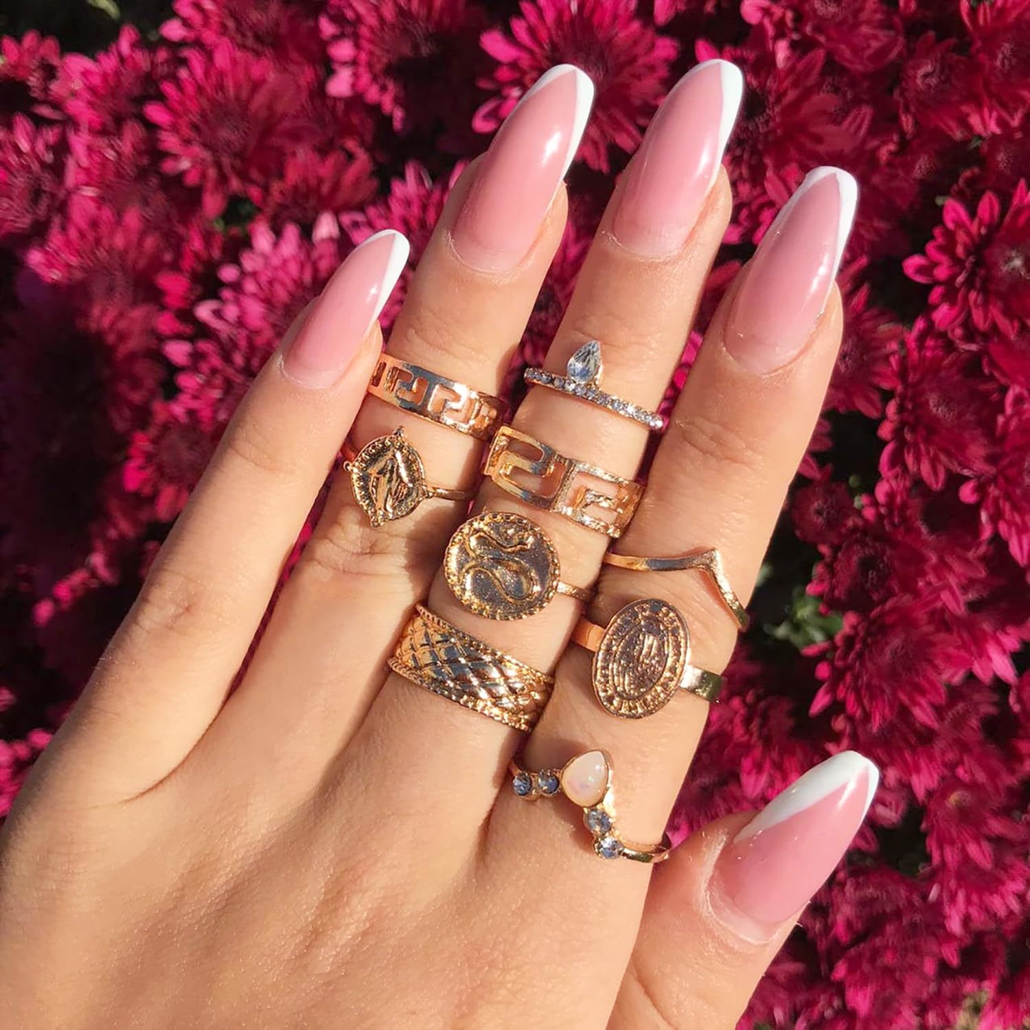 PANTIDE 69Pcs Vintage Knuckle Rings Set Chain Chunky Dome Crystal Carved Stackable Finger Joint Rings Retro Bohemian Plated with Gold Minimalist Statement Size Mixed Midi Rings for Women Girls