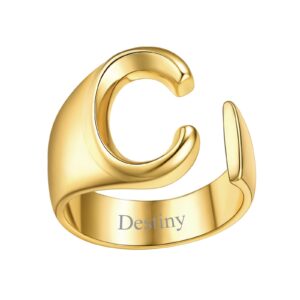 FindChic Custom Name Ring, Personalized Initial Ring, Letter C Statement Cuff Rings for Women Alphabet Knuckle Ring Engravable 18K Gold Plated Resizable Fashion Jewelry Gift