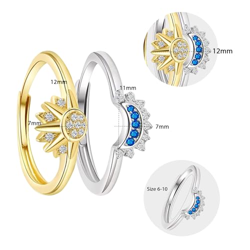 Sun and Moon Ring Set Stackable Rings for Women,Adjustable Celestial Jewelry Anillos Para Mujer Matching Rings as Friendship Best Friend Gifts for Teens,Gold and Silver Birthday Gifts for Girls