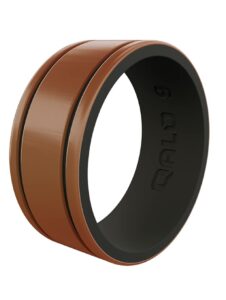 qalo men's rubber silicone ring, metallic striped strata, comfort fit, silicone rubber wedding band, breathable, durable wedding ring for men, 9mm wide 1.85mm thick, copper & black, size 9