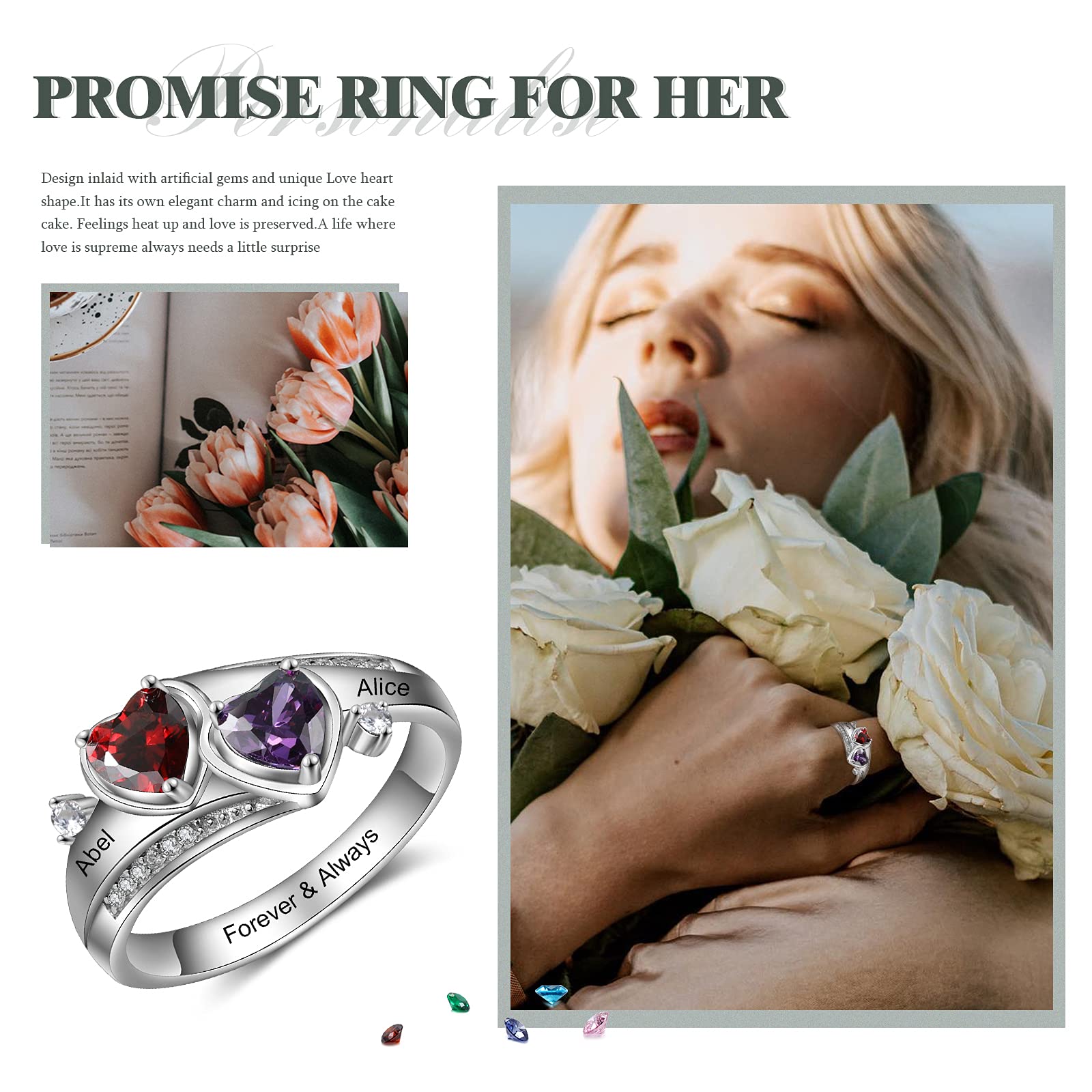 Diamondido Personalized Simulated Birthstones Promise Rings for Her Engraved Names Engagement Rings Bridesmaid Gifts (8)