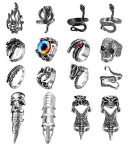 fibo steel 16 pieces vintage punk rings gothic rock knuckle joint full finger rings set dragon snake claw skull octopus eyes of hell open adjustable rings halloween vampire cosplay party accessory