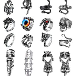 FIBO STEEL 16 Pieces Vintage Punk Rings Gothic Rock Knuckle Joint Full Finger Rings Set Dragon Snake Claw Skull Octopus Eyes of Hell Open Adjustable Rings Halloween Vampire Cosplay Party Accessory