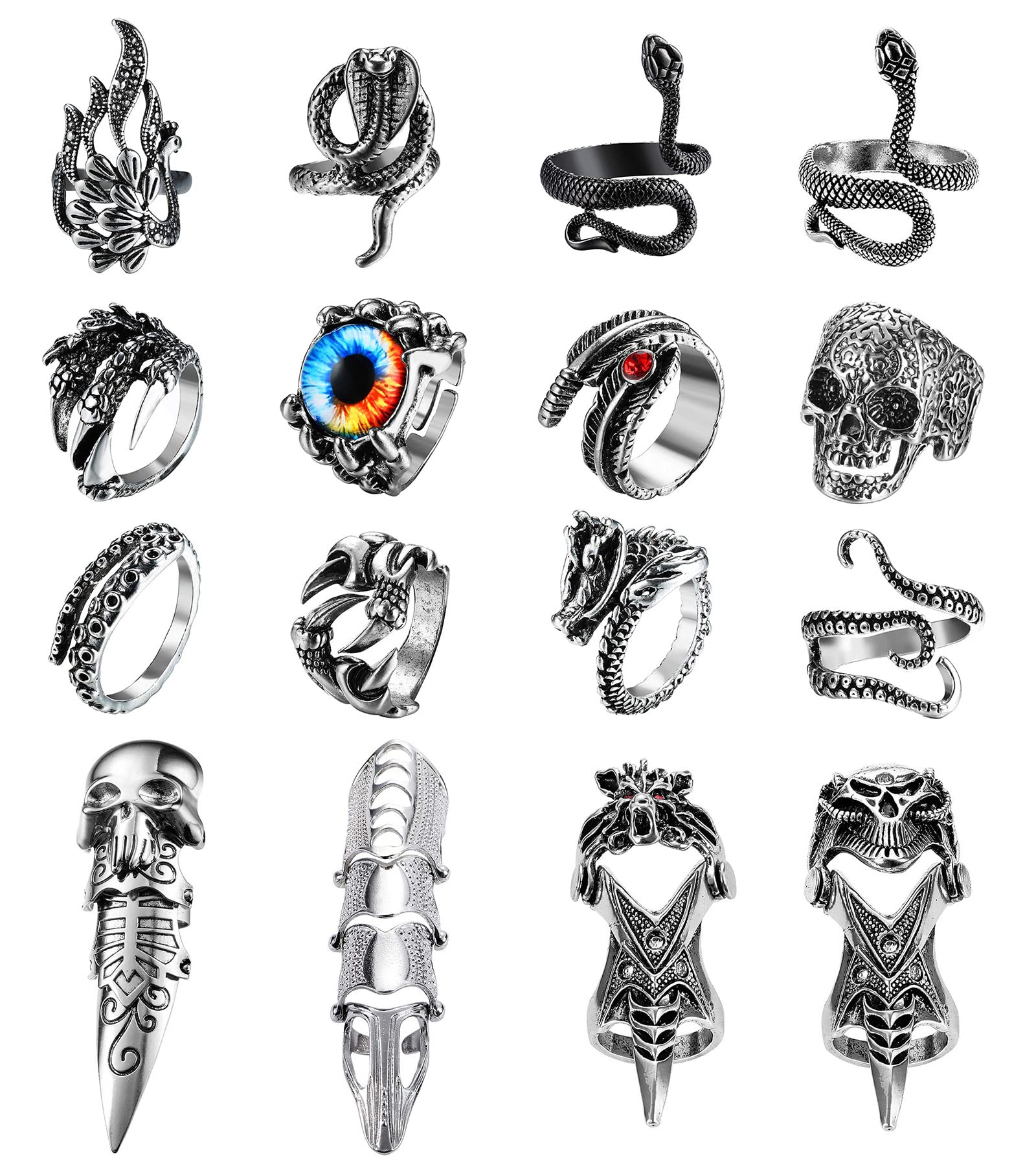 FIBO STEEL 16 Pieces Vintage Punk Rings Gothic Rock Knuckle Joint Full Finger Rings Set Dragon Snake Claw Skull Octopus Eyes of Hell Open Adjustable Rings Halloween Vampire Cosplay Party Accessory