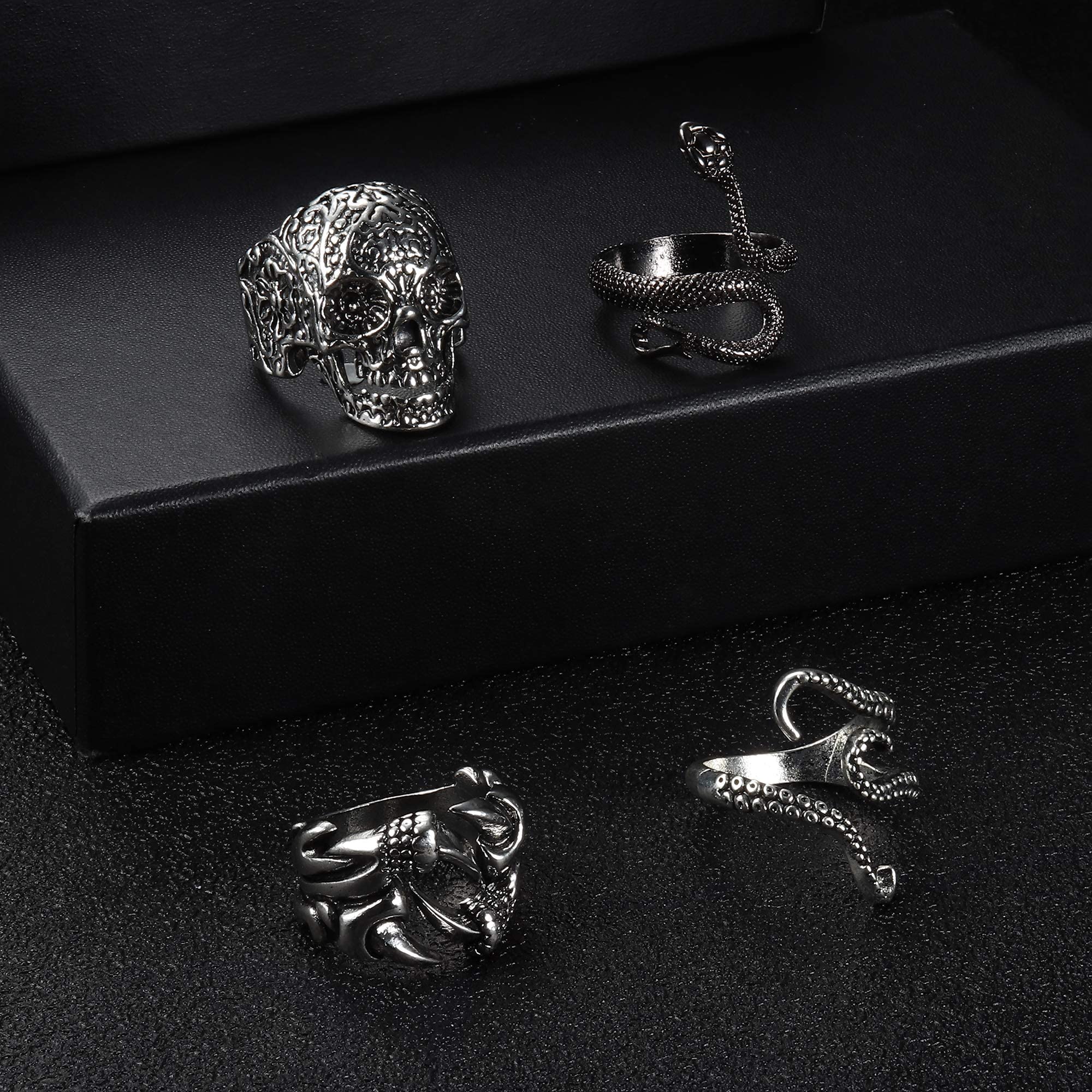 FIBO STEEL 16 Pieces Vintage Punk Rings Gothic Rock Knuckle Joint Full Finger Rings Set Dragon Snake Claw Skull Octopus Eyes of Hell Open Adjustable Rings Halloween Vampire Cosplay Party Accessory