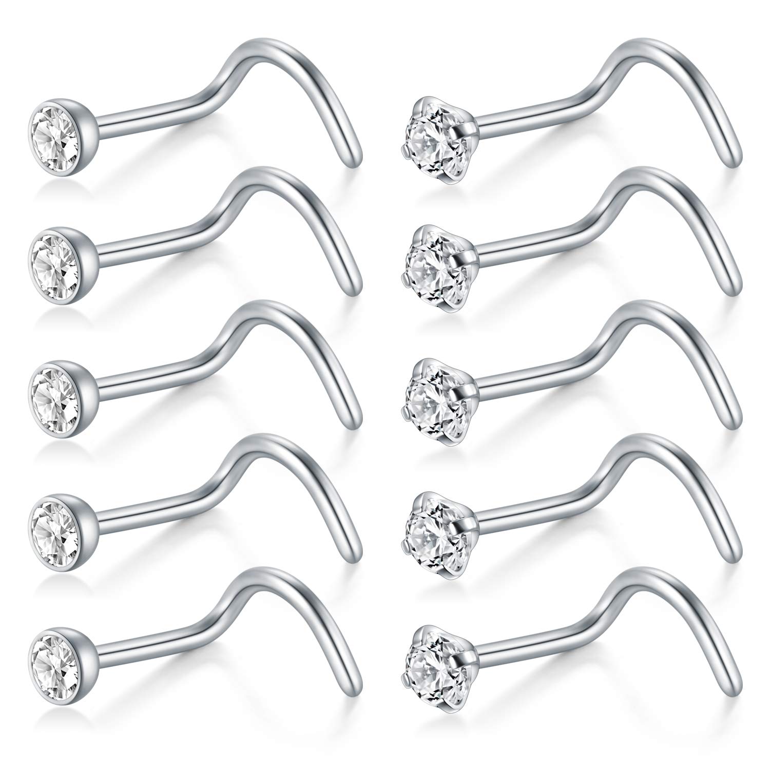 D.Bella Nose Rings 10Pcs 18G Nose Screw Rings Studs Surgical Steel Piercing Jewelry 2mm Clear CZ Silver