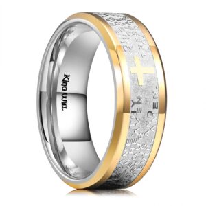 King Will 8mm Gold Side Silver Stainless Steel Ring Lord's Prayer Ring Cross Wedding Band rings High Polished 9